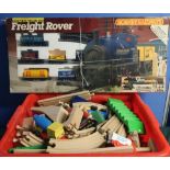 A large quantity of brio wooden railway track and vehicles and a boxed Hornby railways freight rover