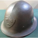 WWII period 1928 patent Swedish steel helmet with liner and straps, with traces of painted over