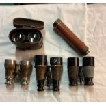 Cased pair of early 20th C binoculars, three other pairs of early to mid 20th C French and other