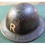 British WWII period Civil Defence steel helmet marked "R" (for rescue) with liner and chinstrap