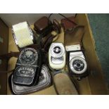 Selection of various light meters including: General Electric, Gossen, Hanimex, Coronet etc