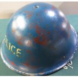 British c.1980's RAF blue police helmet with liner, with military label with broad arrow mark 1982