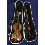 Maidstone violin with two piece back and bow in hard case with spare bridge