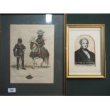 Framed and mounted coloured print, two suits of black armour, and a framed and mounted silk work