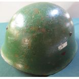 Russian WWII period steel helmet with red star and division sign markings with liner and chinstraps