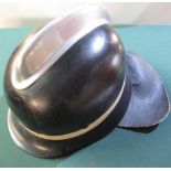WWII period German fire brigade helmet with leather liner chinstrap and leather neck guard