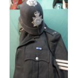 Northumberland constabulary police helmet and sergeants helmet with medal ribbon and badge number