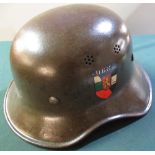 WWII period Bulgarian Luftschutz helmet with Bulgarian lion decal with handwritten inked name to the