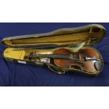 Concert Artiste violin with two piece back in hard case with three bows (1 lacking frog)