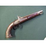 Large 19th C eastern made percussion cap pistol with 9.5inch octagonal rifle barrel with traces of