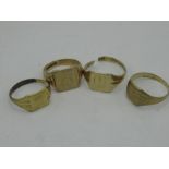 18ct gold signet ring (AF) 3.7g, three other 9ct gold signet rings. (1 AF) gross 12.7g.