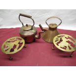 19th C copper and brass kettle H27cm, arts and crafts copper kettle with strap handle H22cm and
