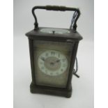 Early 20th C French brass carriage clock, bright cut dial with enameled chapter and bright cut