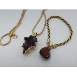 Gold plated amethyst crystal pendant on snake chain necklace L74cm 28.7g and tigers eye pendant a