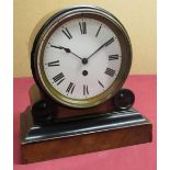 Late Victorian mantel time piece, walnut and ebonised drum head case on stepped plinth, white enamel