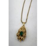 Diamond and emerald gold lozenge shaped pendant on 9ct gold box chain necklace with spring ring