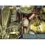 Trench art poker and stand, 19th C copper and brass warming pan with turned fruitwood handle, copper