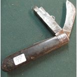 Rare C19th three bladed pocket pruning knife, with semi curved blade, standard short blade and