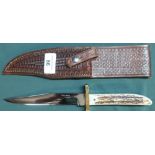 Bowie knife by Harry Boden full tang with antler two piece handle and brass hand guard, with