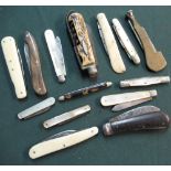 Collection of fourteen various assorted 19th C and later pocket knives including mother of pearl and