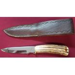 Harry Boden sheath knife with antler full handle with brass handguard and nickel bolster in tooled