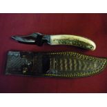 Harry Boden skinning knife with full tang and antler handle in leather sheath L20cm