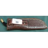 Harry Boden skinning knife with horn handle and brass pummel, Blade L3" in own tooled leather sheath