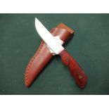 3" bladed sheath knife with two piece burr wood grip and leather belt sheath