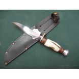 J.D Knowell of Sheffield sheath knife 4 1/4" blade and sambar horn grip with brass cross piece