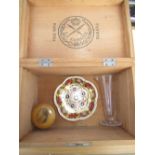Royal Crown Derby 1128 pattern shaped circular dish with date code xl1v D11cm, Mauchline ware box