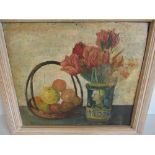 R.Peretier (French 20thC): Still life study of fruit in a bowl and flowers in a French vase, oils on
