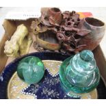 Victorian glass dump H7.5cm, Bohemian blue glass dressing table tray decorated with flowers and