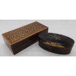19th Century gilt metal mounted tortoishell oval patch box, hinged lid inlaid with two colour