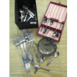 Selection of various silver plated cutlery including: serving forks, spoons etc a cased set of tea