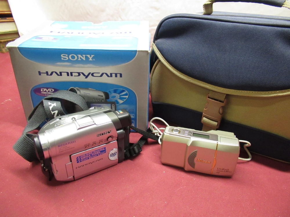 Sony DVD 201E DVD camcorder with box, charger, case etc, and a Nikon Lite Touch zoom 120 35mm camera - Image 2 of 4