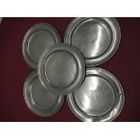 Five pewter plates, stamped to reverse WS London D22cm (AF)