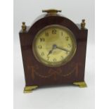 Edwardian 8 day mantle timepiece, mahogany case inlaid with bows and swags, lacquered brass mounts