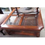 Colonial style coffee table, square top with four inset bevel brass panels on square moulded