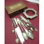 Chinese style wooden box with a small selection of silver plated cutlery including: carving