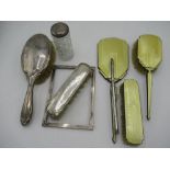 Yellow enamel silver dressing table set of three brushes Charles S Green & Co Ltd, Birmingham,