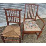 Heplewhite style inlaid mahogany arm chair with drop in needle work seat square tapered supports