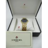 1994 Raymond Weil quartz wristwatch with date. 18 K gold plated case on matching bracelet with