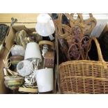 Wicker basket, two vintage carpet beaters, table lamps, stainless steel decorative lanterns etc (3