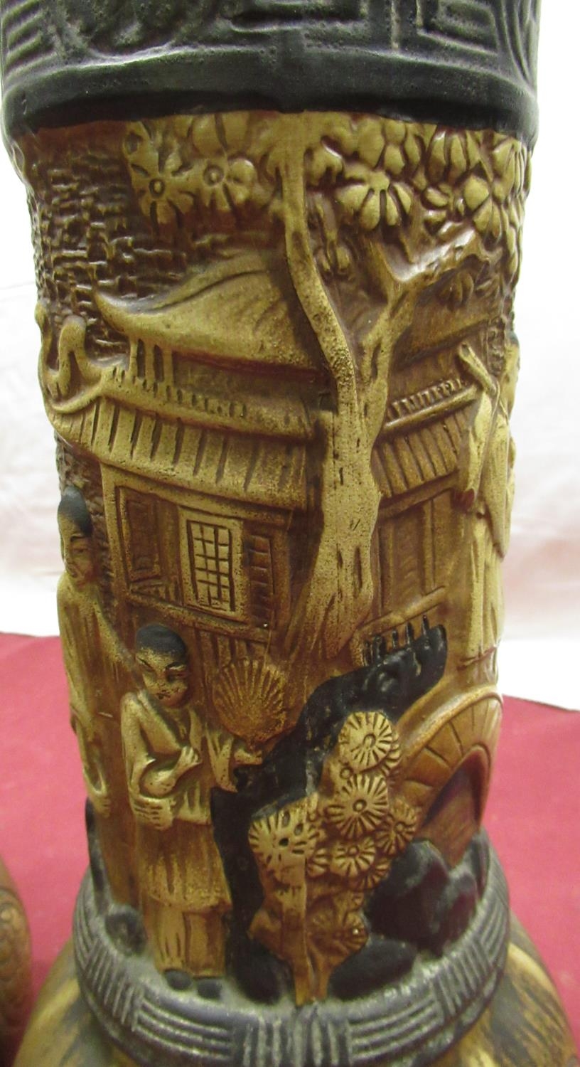 Pair of early C20th Bretby vases decorated with oriental garden scene and lizards, relief and - Image 2 of 4