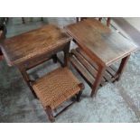 1930 oak two-tier tea table on later casters, 17thC style joint stool and a small stool on barley