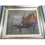 J.Molinero Rey (Spanish C20th): Fishing Boats in a continental Harbour, oil on canvas, signed, H37cm