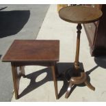 Small Arts and Crafts oak stool, rectangular top on pierced oval outsplayed supports W35cm D25cm