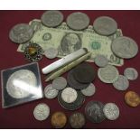Collection of various coins and crowns including: Queen Silver Jubilee, Six pence's, foreign coinage