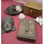 C19th mahogany tea caddy, with ebony and boxwood stringing and ivory escutcheon, Indo-Persian carved