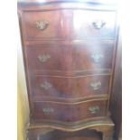 Small Geo.III style figured walnut serpentine chest with four long cock beaded drawers on shaped